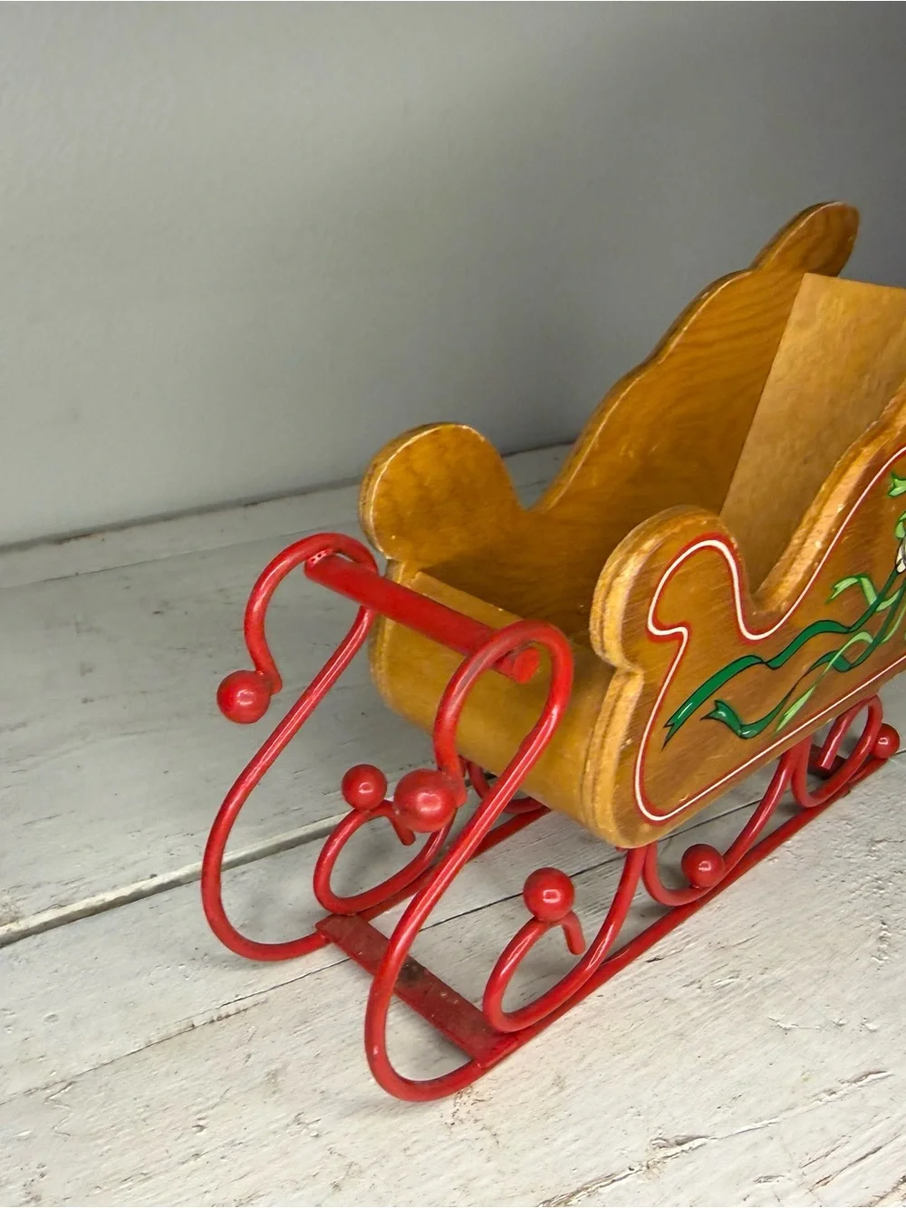 Vintage Poinsettia Wooden Sleigh Planter w/Metal Rails. Sleigh 8